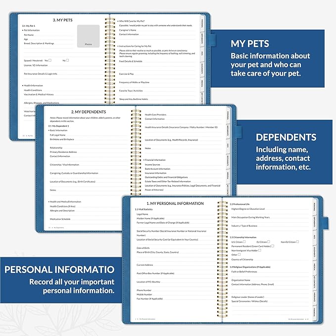 SUNEE End of Life Planner - I‘m Dead Now What Planner, Large Print Spiral-Bound Estate Organizer with Tabs for Seniors & Family. Covers Final Wishes, Passwords & Funeral Planning.A4（9"x11.2"), Blue