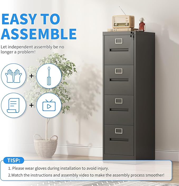 Yukimo 4 Drawer File Cabinet, Vertical File Cabinet with Lock, Metal Locking Filing Storage Cabinet for Home Office, Hanging Files for A4/ Legal/Letter, Assembly Required, Black