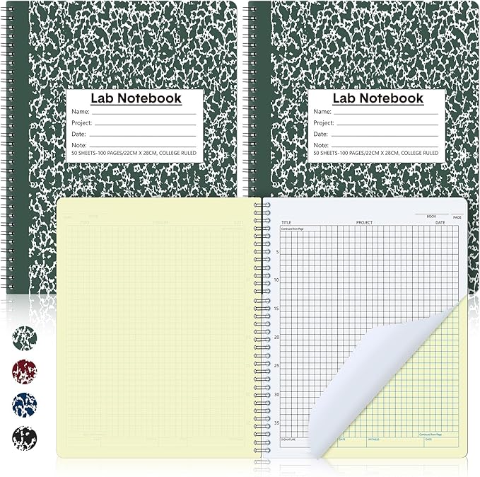 Affrolling 2 Pack Carbonless Lab Notebook Carbon Copy 8.5'' x 11'' 50 Set of Pages 100 Pages Total Laboratory Engineering Chemistry Computation Notebook Science Grid Coil Binding(Dark Green and White)