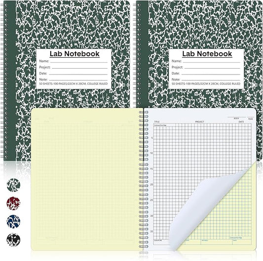 Affrolling 2 Pack Carbonless Lab Notebook Carbon Copy 8.5'' x 11'' 50 Set of Pages 100 Pages Total Laboratory Engineering Chemistry Computation Notebook Science Grid Coil Binding(Dark Green and White)