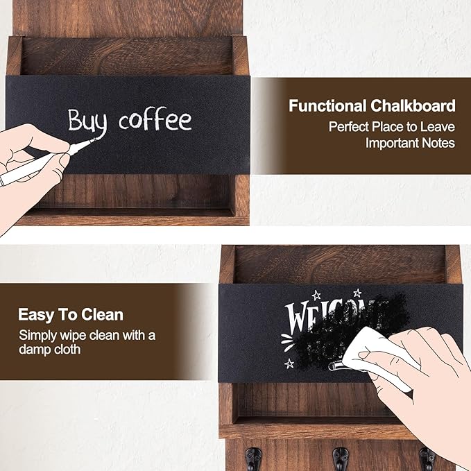 Lucundm Key and Mail Holder for Wall, Key Holder with Chalkboard and Long Storage Box, Key Hanger with 3 Sturdy Hooks for Coat, Dog Leash, Entryway Mail Organizer (Brown)