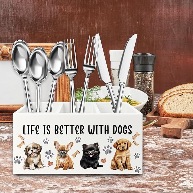 QZQE Dog Pen Pencil Holder Organizer for Desk, Dog Lovers Mom Gifts for Women, Life Is Better with Dogs Wooden Box Signs Decorations for Home Office Desk Tabletop, Gifts for Pet Lovers