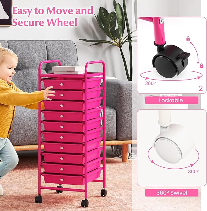 GLACER 10 Drawers Rolling Cart, Storage Cart with w/Removable Drawers & Steel Frame, Utility Mobile Trolley w/Universal Casters & 2 Brakes, Organizer Cart for Home, School, Office (Hot Pink)