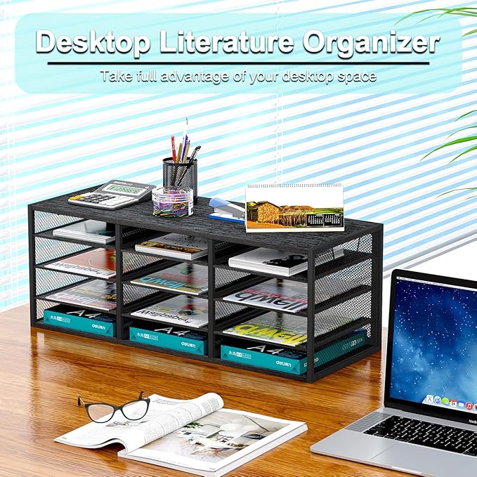 PAG-Mass Mail Sorter Adjustable Countertop Heavy Duty Literature Organizer Student Mailbox for Classroom Desktop Bill Paper Holder Rack for Office Home School, 12 Compartments, Black