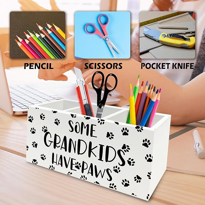 QZQE Dog Grandparents Gifts Pen Pencil Holder Organizer for Desk, Some Grandkids Have Paws Wooden Box Signs Decorations for Home Office Desk Tabletop, Dog Grandma Grandpa Gifts