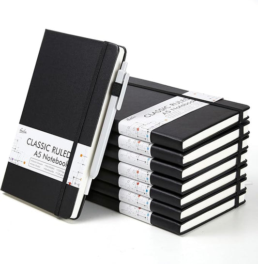 feela 8 Pack Journal Notebook Bulk for School, Hardcover Business Notebooks Classic Ruled Lined Journals with Pen Holder for Work Note Taking, with 8 Black Pens, 120 GSM, 5.1”x8.3”, A5, Black