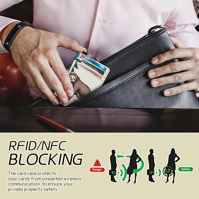 BWEGRHE Small Travel Wallets, Sloth Slim Minimalist Front Pocket Wallet with Wristlet, RFID Blocking PU Leather Credit Card Holder with ID Window Change Purse for Men Women