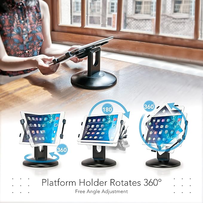 EHO iPad Stand, 360° Rotating Commercial Tablet Stand, Retail Kiosk, 6"-13"(Screen) Adapter Universal Tablet Clamp Holder for iPad, iPadAir, iPadMini, Microsoft Surface, Most Tablets - White