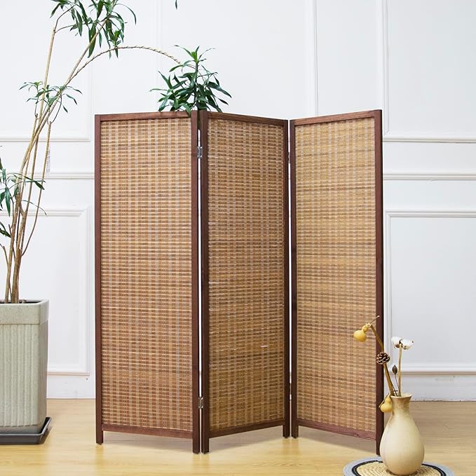Furnnylane 3 Panel Short Room Divider Screen,Brown Freestanding Partition,Small Bamboo Panel Divider for Room Seperation,3.95 FT Tall
