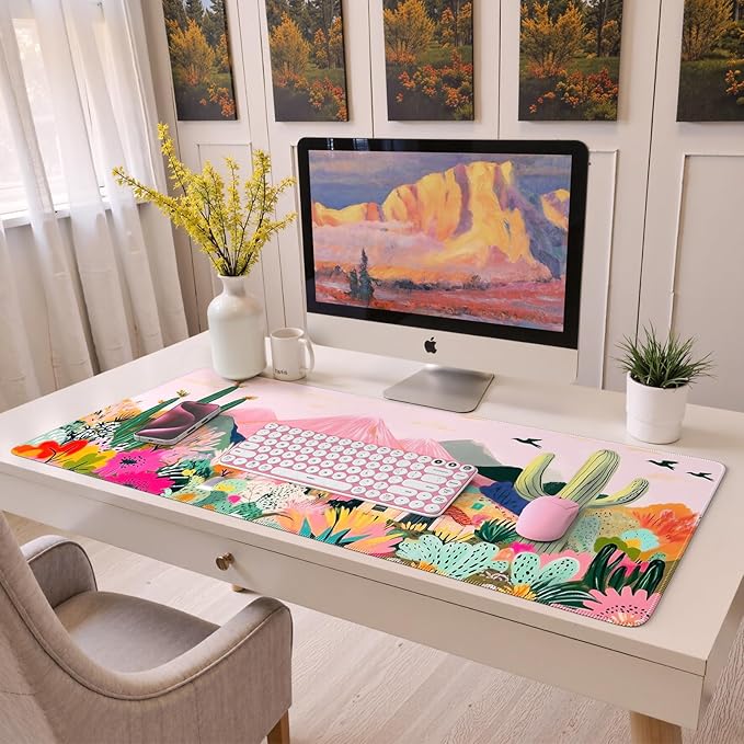 iCasso Large Gaming Mouse Pad (35"x16") - Waterproof Desk Mat with Non-Slip Rubber Base & Stitched Edges - Extended Keyboard Mousepad for Computer, PC, Office, Home Workspace (Cactus)