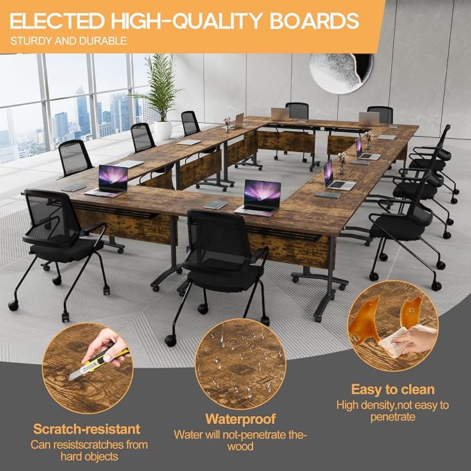 Folding Conference Table 4ft 5ft, Foldable Office Meeting Desk for 6 People, Multiple Sizes Colors Mobile Conference Room Table for Training Room School Business Furniture (2, Brown, 47in)