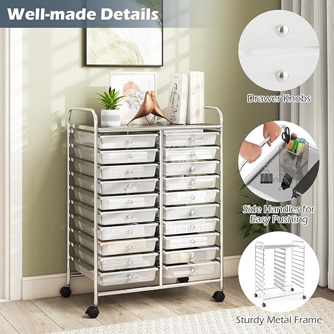 Happygrill 20-Drawer Organizer Cart Tools, Mobile Utility Storage Cart with Removable Drawers & Lockable Wheels, Rolling Storage Cart with wheels for Home Office School(White)