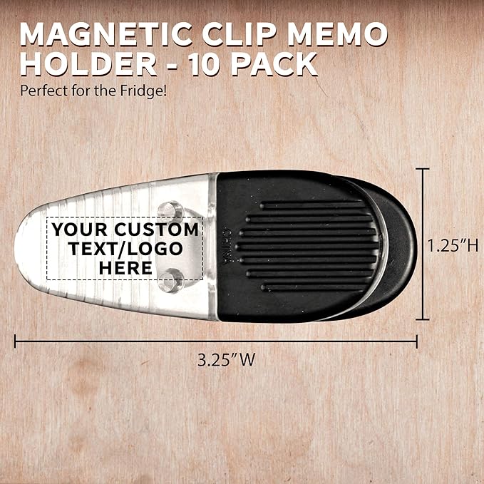 10 Magnetic Memo Holders Set - Customizable Text, Logo - Large Clip, Plastic - Clear