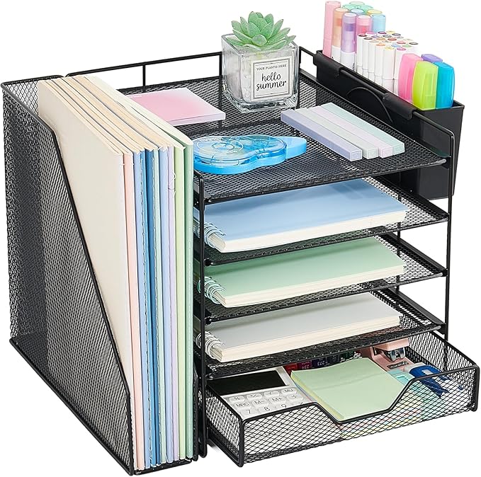 Gugsey Desk Organizer, 5-Tier Paper Letter Tray Organizer with File Holder, Drawer and Pen Holder, Desktop Organizer for Office Supplies, Black