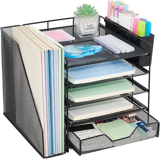 Gugsey Desk Organizer, 5-Tier Paper Letter Tray Organizer with File Holder, Drawer and Pen Holder, Desktop Organizer for Office Supplies, Black