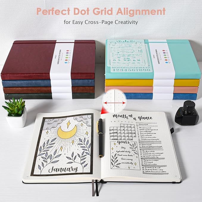 OFFIGIFT Dotted Journal Notebook, 312 Numbered Pages Large B5 Hardcover Leather Notebook, 100gsm No Bleed Paper Dot Grid Notebook with Index Pages, Dot Journal for Women Men, 7.6'' X 10'', Pink