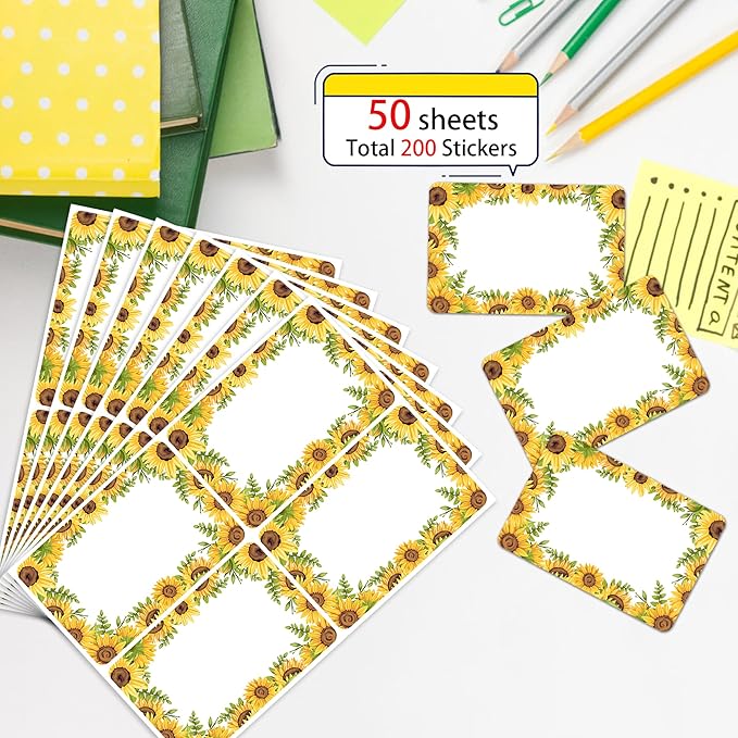 Wonmon 200 PCS Sunflower Name Tags Stickers, Self Adhesive Sunflowers Style Name Tag Labels Stickers for Back to School Classroom Student Office Desk Cubby Locker Themed Party, 2x3 inch
