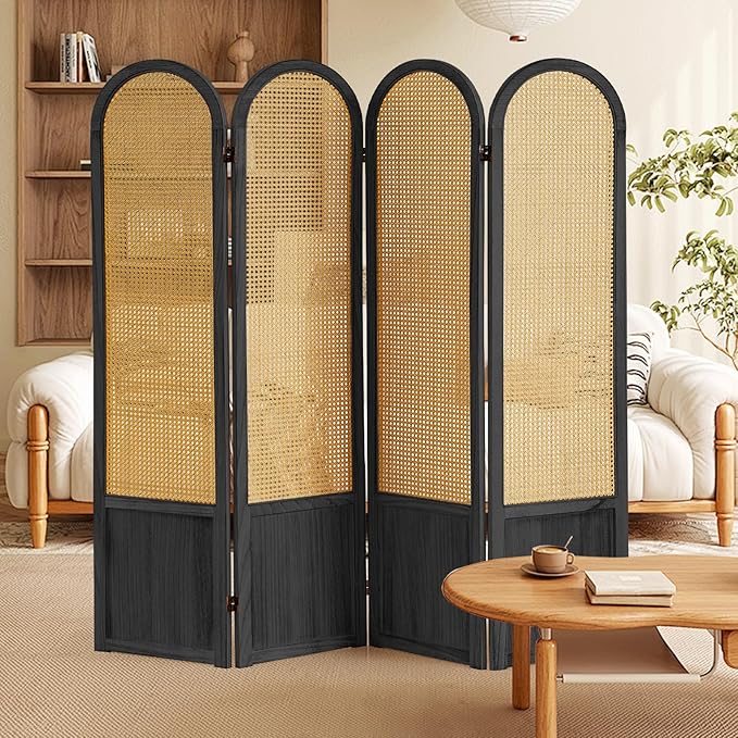 Asnefeli Room Divider 4 Panels, Folding Privacy Screen, Foldable Wood Rattan Room Divider Panel, Portable Partition Screen, Wall Divider for Room Separation Bedroom Home Office Garden Terrace (Black)