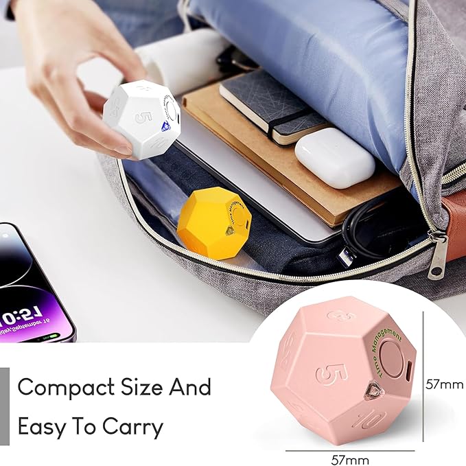 Mini 12 Sided Cube Timer, 11 Preset Times Pomodoro Timer for Enhanced Productivity. Ideal for ADHD Management, Workout, Study & Kitchen Cooking. Easy to Use (Pink)