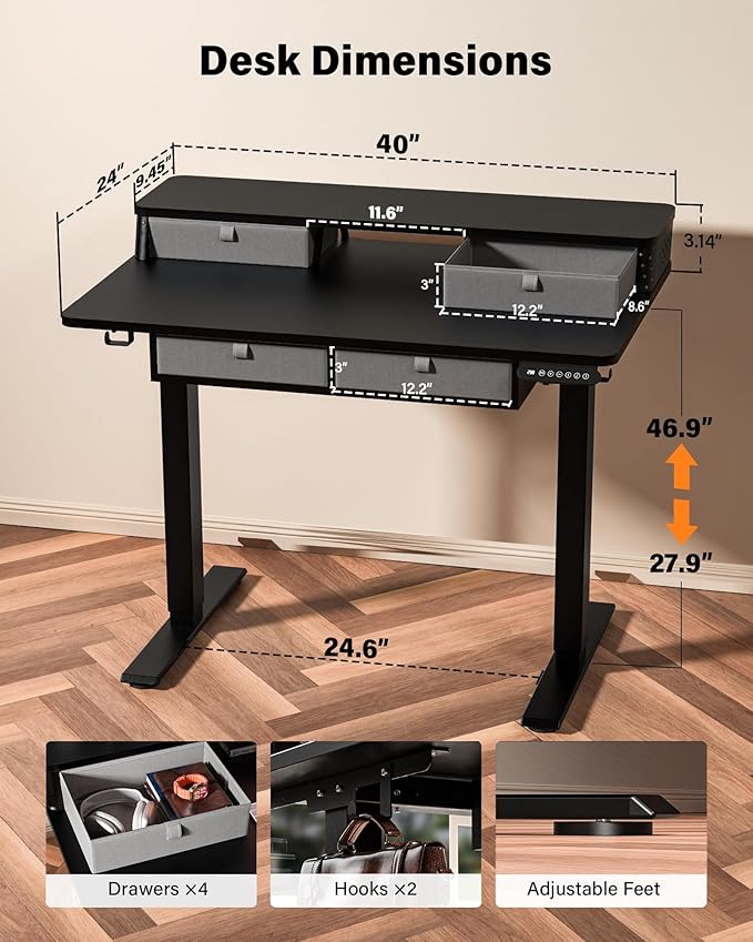 FiCiHi Electric Standing Desk with Four Drawers, Adjustable Height Sit Stand Desk, C-Clamp Compatible Home Office Desk with Storage Shelf & Monitor Stand Riser, 40 x 24 Inch, Classical Black