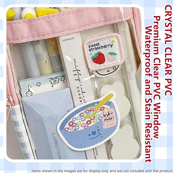 UINSUE Cute Pen case Adorable Bunny Transparent 3-Layer Large Capacity Pencil Case Gadget organizer with Lovely Stickers (Red Plaid)