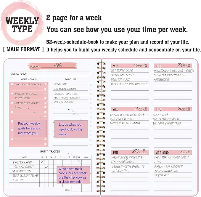 Undated Weekly Planner- Weekly Goals Notebook, A5 To Do List Planner, Habit Tracker Journal with Spiral Binding, 5.7 x 8.0 inches