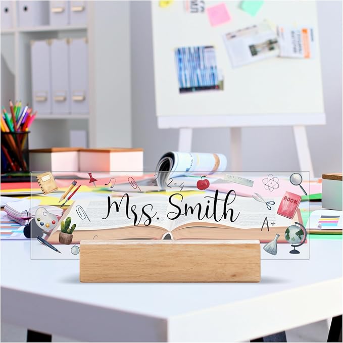 Acrylic Desk Name Plate Personalized with Wooden Base - 28 Backgrounds - Custom Name Plate for Desk, Office Decor, Teacher Appreciation Gifts