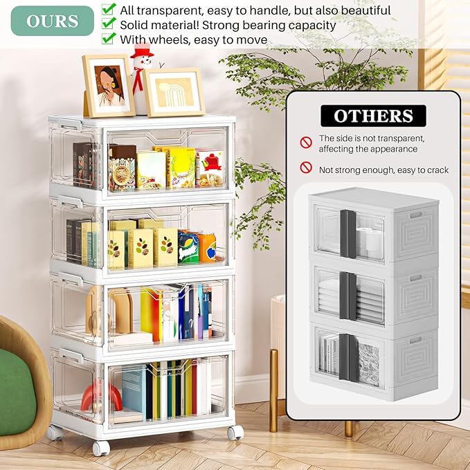 Kmiectse Clear Storage Bins with Lids - 4 Tier Plastic Bins with Wheels, Stackable Storage Bin, Closet Organizers Box for Bedroom, Living Room, 23 QT Folding Box with Magnetic door