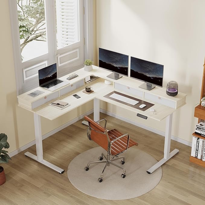 FLEXISPOT 63" L Shaped Standing Desk with Shelf Electric Corner Table, Drawers, Adjustable Computer Workstation for Home, Office, 63x55in, Light Maple Top + White Frame