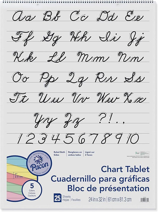 Pacon Colored Paper Chart Tablet, 5 Assorted Colors, Cursive Cover, 1" Ruled 24" x 32", 25 Sheets