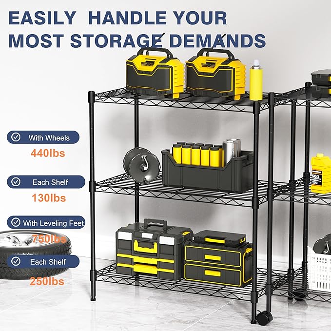 VANZBON 3-Tier Wire Shelf Rack,24" Dx14 Wx 30" H,Wire Metal Shelving with Lockable Wheels,Height Adjustable Storage Standing Shelves for Kitchen,Living Room,Laundry,Office,Pantry,Studio,Black