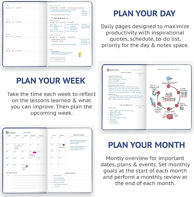 Wyze Planner Undated Daily Planner – 1-Year B5 Productivity Organizer with Two-Page Weekly Spread, Goal Setting, Habit Tracker, Weekly & Monthly Pages – Hardcover Time Management Notebook (Blue)