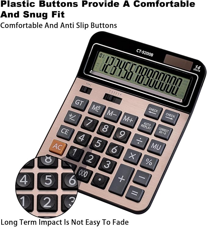 HIHUHEN Large Computer Electronic Calculator Counter Solar & Battery Power 14 Digit Display Multi-Functional Big Button for Business Office School Calculating (HY-9200B)