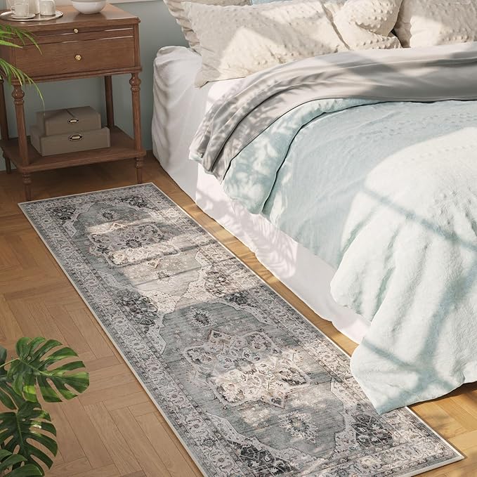 Rugcomf Vintage Medallion Kitchen Rugs Non Slip Washable 2'7"x8' - Low Pile Runner Rug, Boho Carpet for Hallways, Laundry, Bedroom, Bathroom - Grey and White