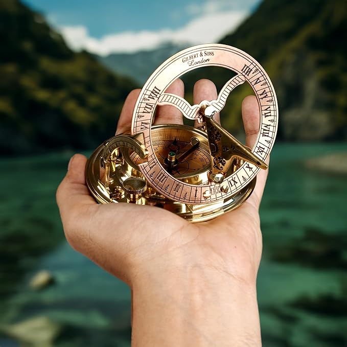 Brass Sundial Compass in Leather Case – Unique Nautical Gifts for Men, Antique Sailing Anniversary Gadget, Maritime Pocket Watch Clock, Nautical Decor for Him