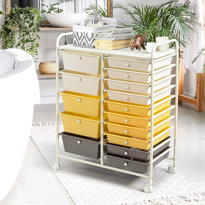 GOFLAME 15-Drawer Rolling Storage Cart, Craft Storage Cart with Removable Drawers & Lockable Wheels, Art Cart Supply Storage Organizer for Home Office Classroom, Yellow