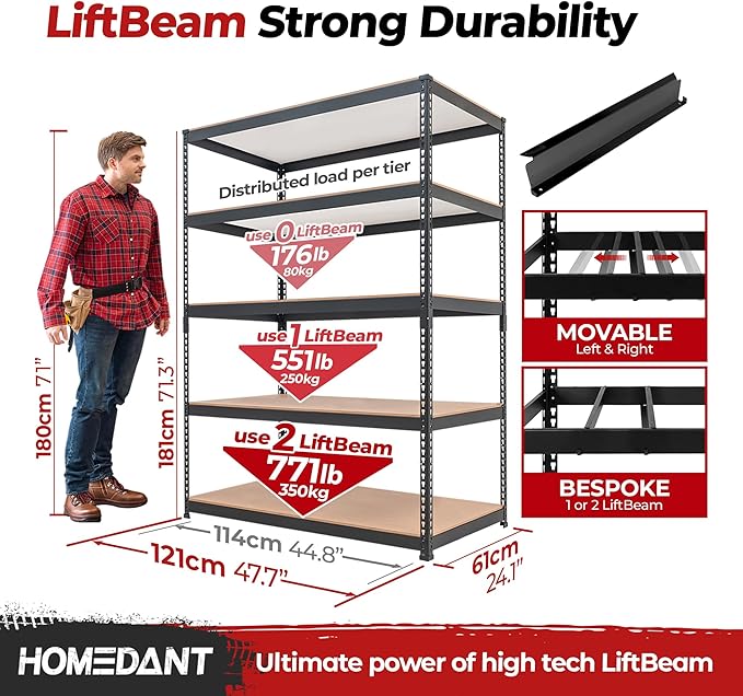 HOMEDANT 47.7" W Deep 5 Tier Heavy Duty Garage Shelving Adjustable Metal Rack Storage Shelves Standing Shelf Unit Organizers Industrial Warehouse Basement Black 1Pack