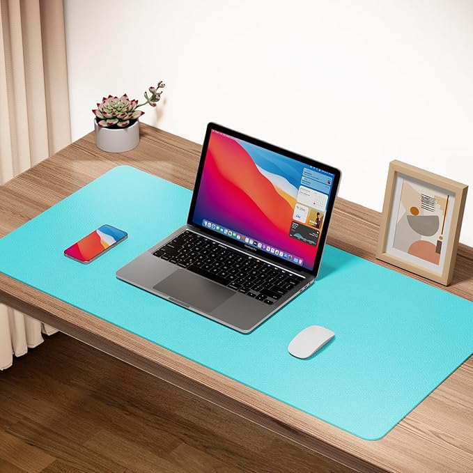 Boutilon Leather Desk Pad Protector,Non-Slip Mouse Pad,Laptop Desk Pad,Office Mouse Mat,Waterproof Leather Desk Blotter,Desk Writing Pad for Office and Home (L-Bright Blue,35"x 17")