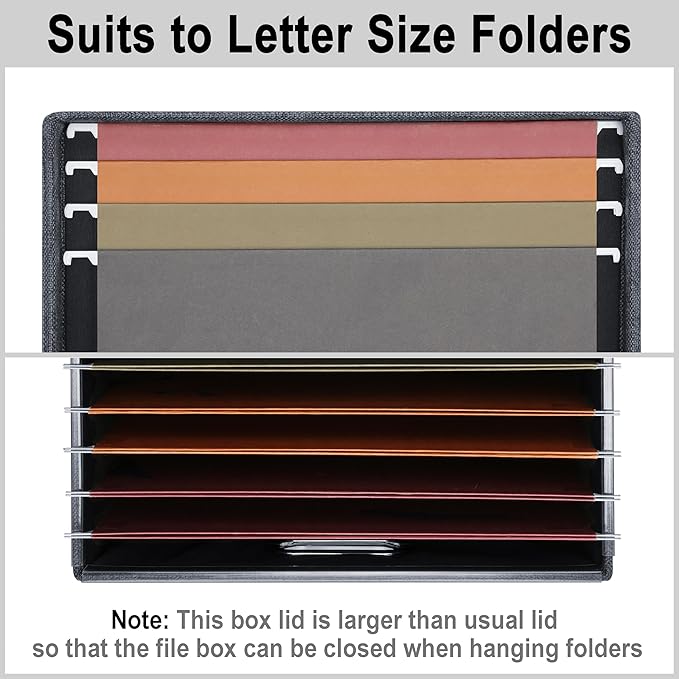 File Organizer, Collapsible Storage Filling Box with Lid for Letter Legal Size Hanging Folders Decorative Linen File Folder Box Document Storage Filing Bin, Dark Gray 2 Pack
