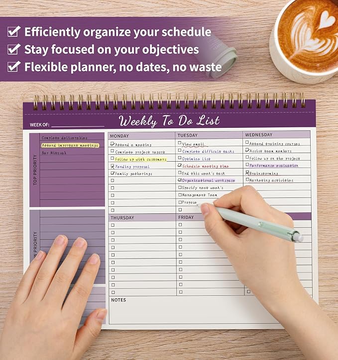 ALKALO Weekly To Do List Notepad, 52 Undated Sheets （8.5"×11") Duplex-Printed Weekly Desk Planner For Work Home School Office Desk Accessories Supplies & Goal Setting Tasks - Purple