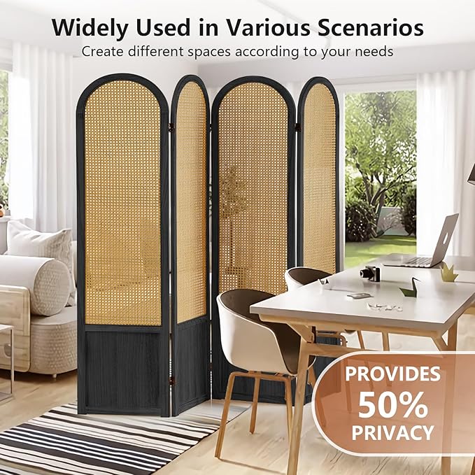 Asnefeli Room Divider 4 Panels, Folding Privacy Screen, Foldable Wood Rattan Room Divider Panel, Portable Partition Screen, Wall Divider for Room Separation Bedroom Home Office Garden Terrace (Black)
