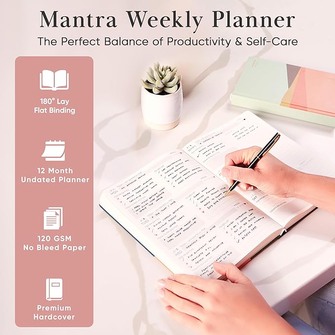 Mantra Planner 2026 Planner, Daily Journal & Gratitude Journal All-In-One with To Do List, Self Care Prompts & Habit Tracker - 7 x 10 - Pink