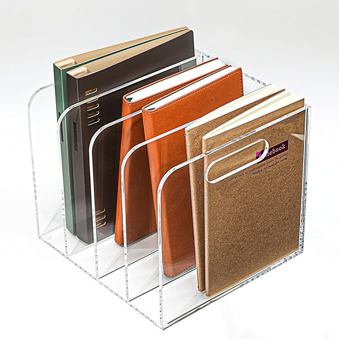 AIDIMOO Acrylic Magazine File Holder, 4 Vertical Compartments Desk Document Sorter Organizer, Clear Folder Rack Binder for Office/Documents/Classroom, for Home, Tablet, Magazines, Books & Accessories