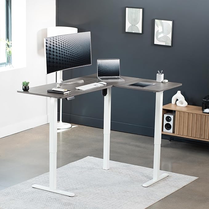 VIVO Electric Corner 63 x 47 inch L-Shaped Standing Desk, Memory Height Adjustment, Dark Gray Top White Frame, DESK-E3CTWG-47