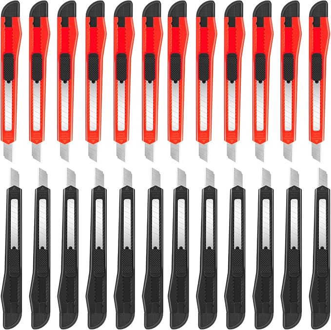 24 Pack Box Cutters, 9mm Razor Knife, Push-Sliding Button, Box Cutter Retractable, Break-off Utility Knife, Box Opener Tool for Office, Home, School, Art DIY