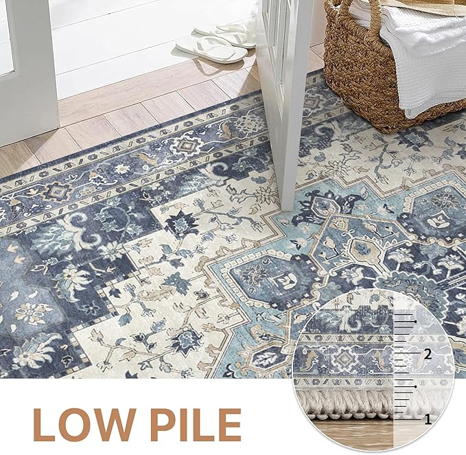 GENIMO 2x10 Runner Rugs for Hallway, Machine Washable Non Slip Vintage Rugs, Low Pile Lightweight Soft Print Rug for enrtyway, Corridor, Home Office, Kitchen, Center Blue