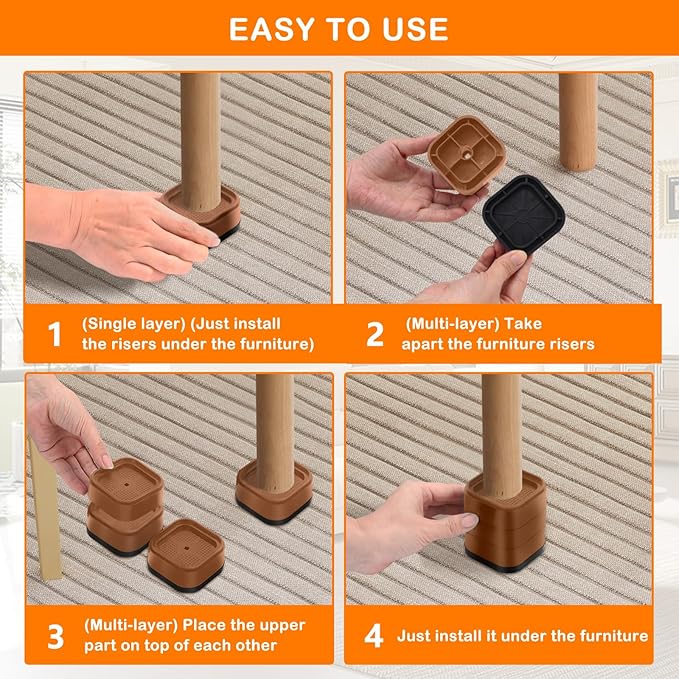 shouwuhho 32 Pack Furniture Risers Adjustable Bed Risers Heavy Duty Lifts Height 1", Square Stackable Bed Risers 1, 2 or 3 Inch for Desk Leg Table Couch Sofa Chair Bed Frame Legs Dorm, Brown