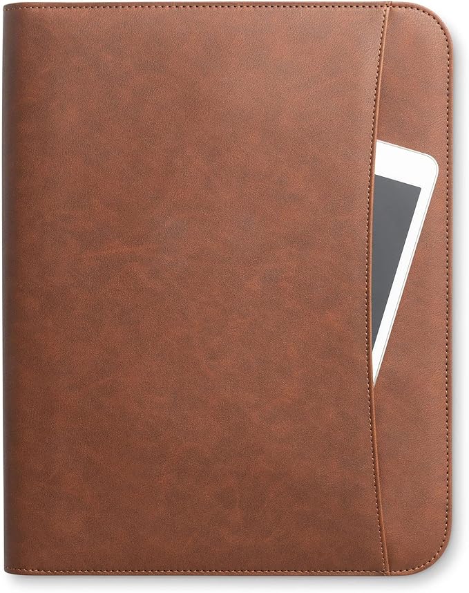 Forevermore Portfolios Padfolio Binder - Professional Faux Leather Travel Organizer Pouch for Tablet, Documents, Presentation Folders, Zipper Closure, Notepad - Brown