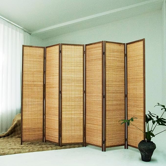 Loomveil 6 Panel Room Divider Folding Privacy Screen,67 inch Bamboo Panel Divider for Home Partition,Brown