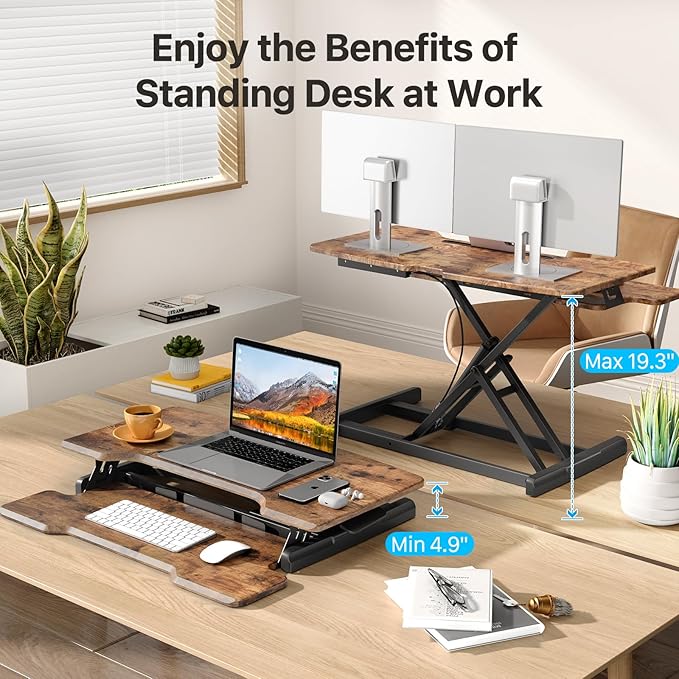 JYLH JOYSEEKER Standing Desk Converter 32 inch, Height Adjustable Sit Stand Desk Riser, Quick Sit to Stand Desktop Dual Monitor Riser Workstation for Home Office with Keyboard Tray, Rustic Brown
